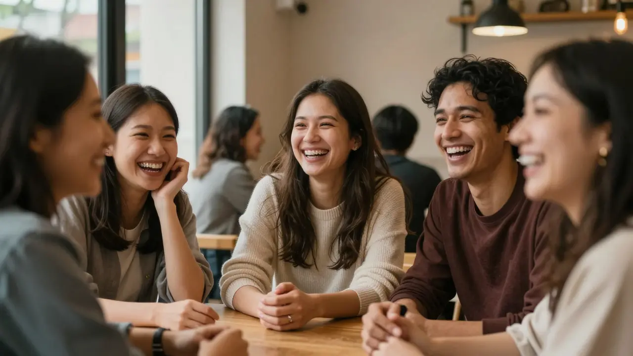 Dospělí lidé se smějí spolu v kavárně, všichni otevřeně.