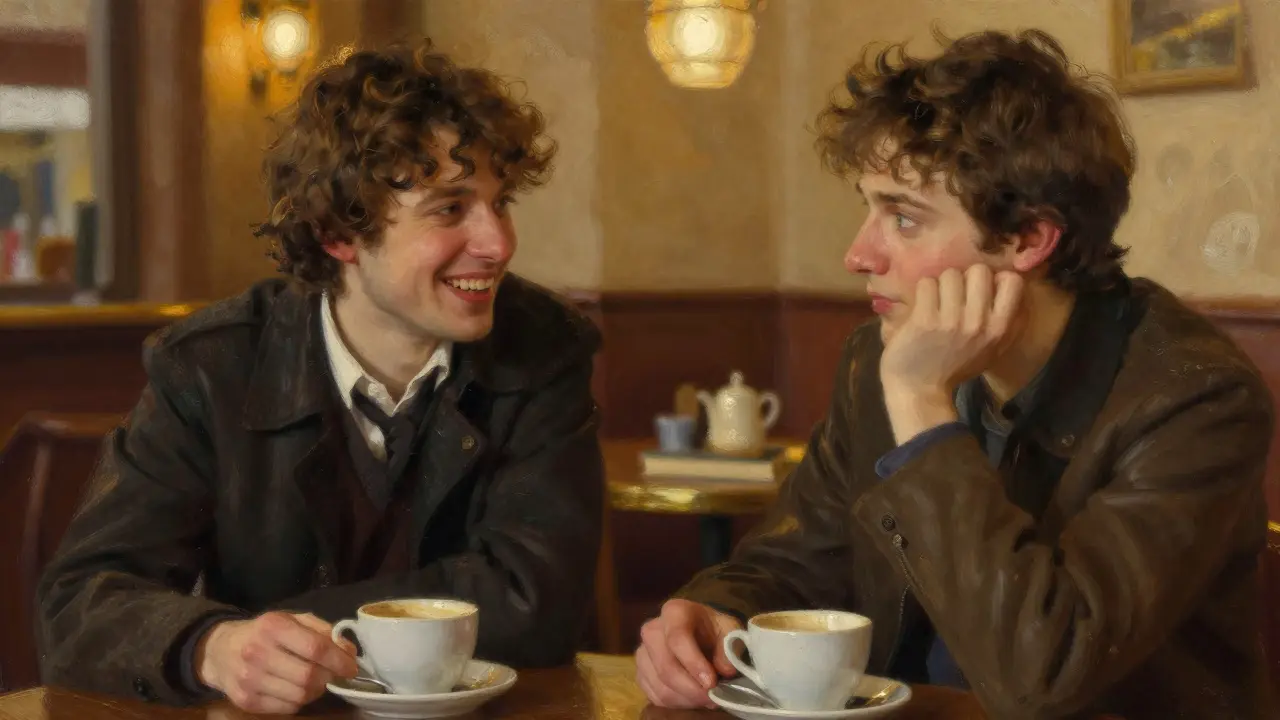 Dvě osoby na první schůzce v kavárně, jedna usmívá se s mezera mezi zuby, druhá se vyhýbá pohledu.