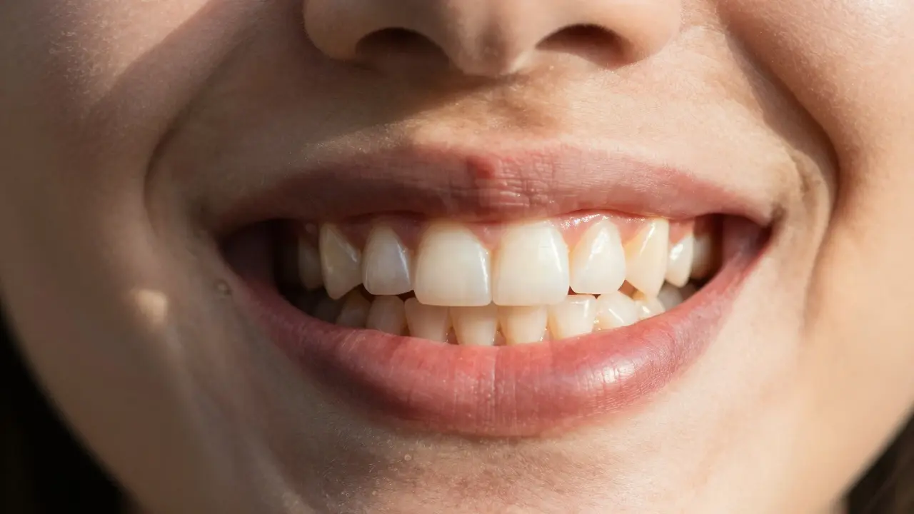 Dvě strany úsměvu: jedna s plakem a zubním kamenem, druhá s čistými a lesklými zuby.