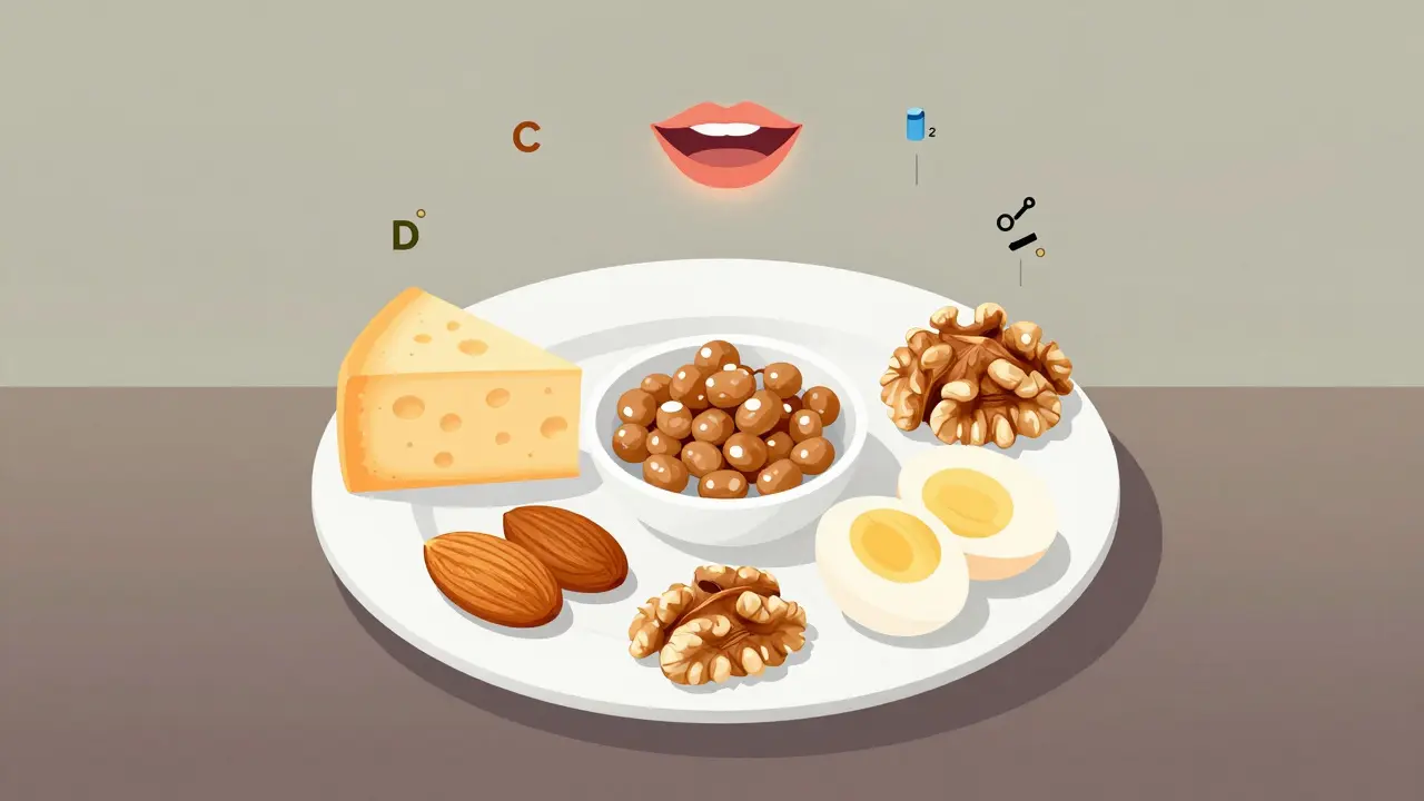 Jídla bohatá na vitamíny pro zdravé dásně s symbolem vitamínů nad každou položkou.