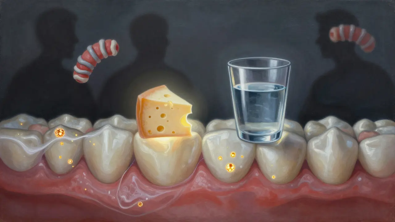 Kazící se sklovina zubu, zatímco sýr a voda pomáhají obnovit zubní tkáň.