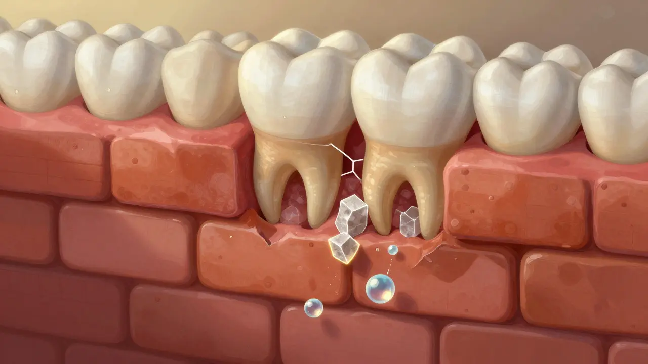 Mikroskopický pohled na remineralizaci zubní sklovině – fluorid obnovuje minerály v cihlové struktuře.