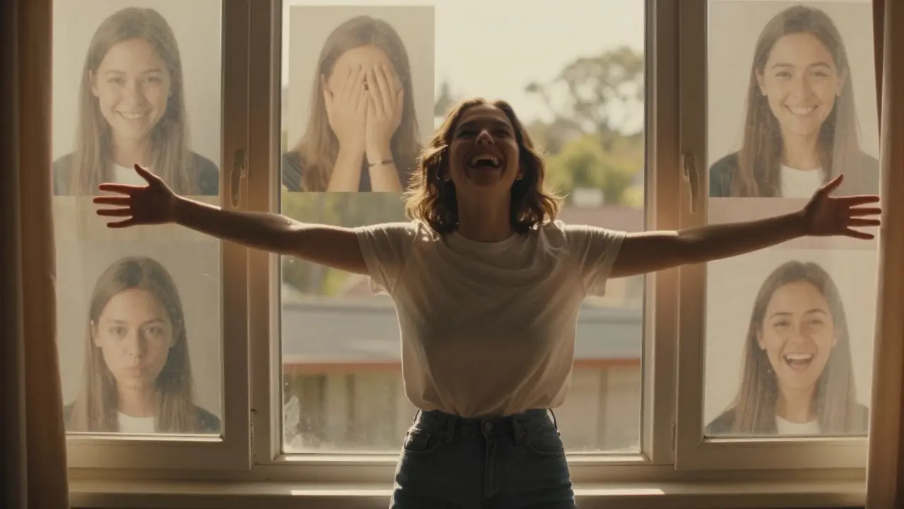 Osoba směje se na slunečném světle, s viditelnou mezera mezi zuby, za ní jsou vrstvy starých fotografií.