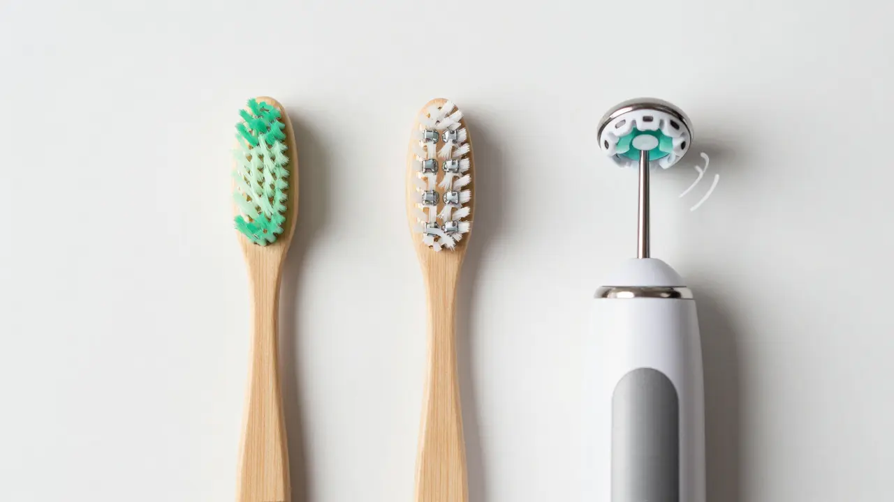 Porovnání tří typů kartáčků: běžný, V-čkový a elektrický pro rovnátka.