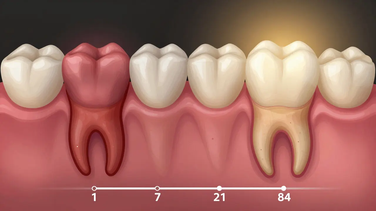 Porovnání zdravých a zánětlivých dásní po léčbě parodontitidy.