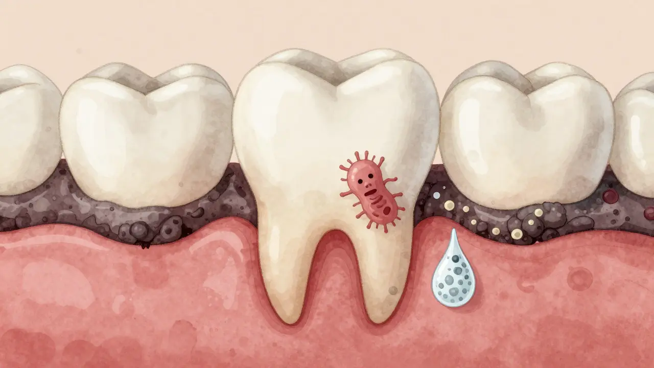 Příčný řez dětského zubu s viditelným zubním kamenem a zánětem dásně.