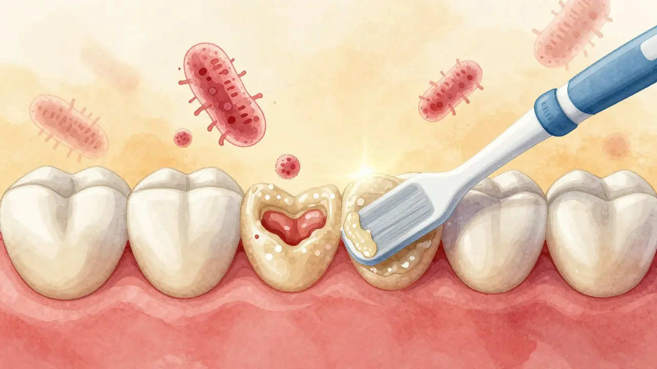 Příčný řez zubů s odstraněným plakem pomocí mezizubního kartáčku.