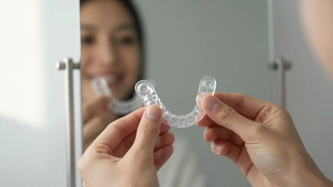 Průhledná retence v ruce, zrcadlo s úsměvem v pozadí.