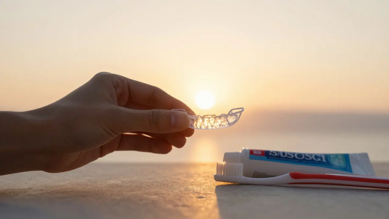 Průhledný udržovací šněr leží vedle zubní kartáčku při východu slunce.