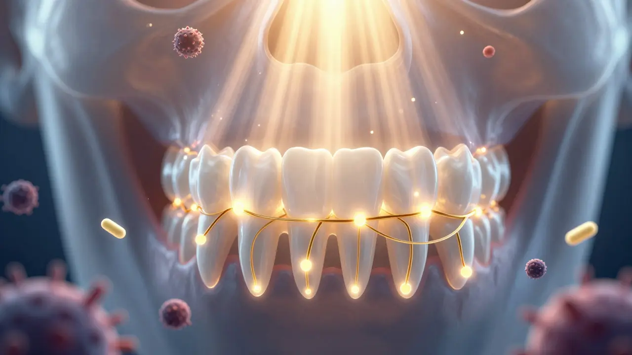 Průřez čelisti s paprsky vitaminu D a cestami vitaminu K2 vedoucími kalcium do zubů.