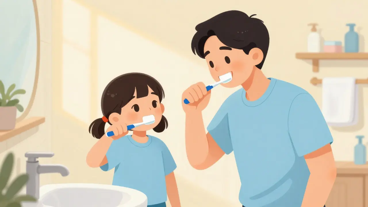 Rodič a dítě společně čistí zuby v koupelně.