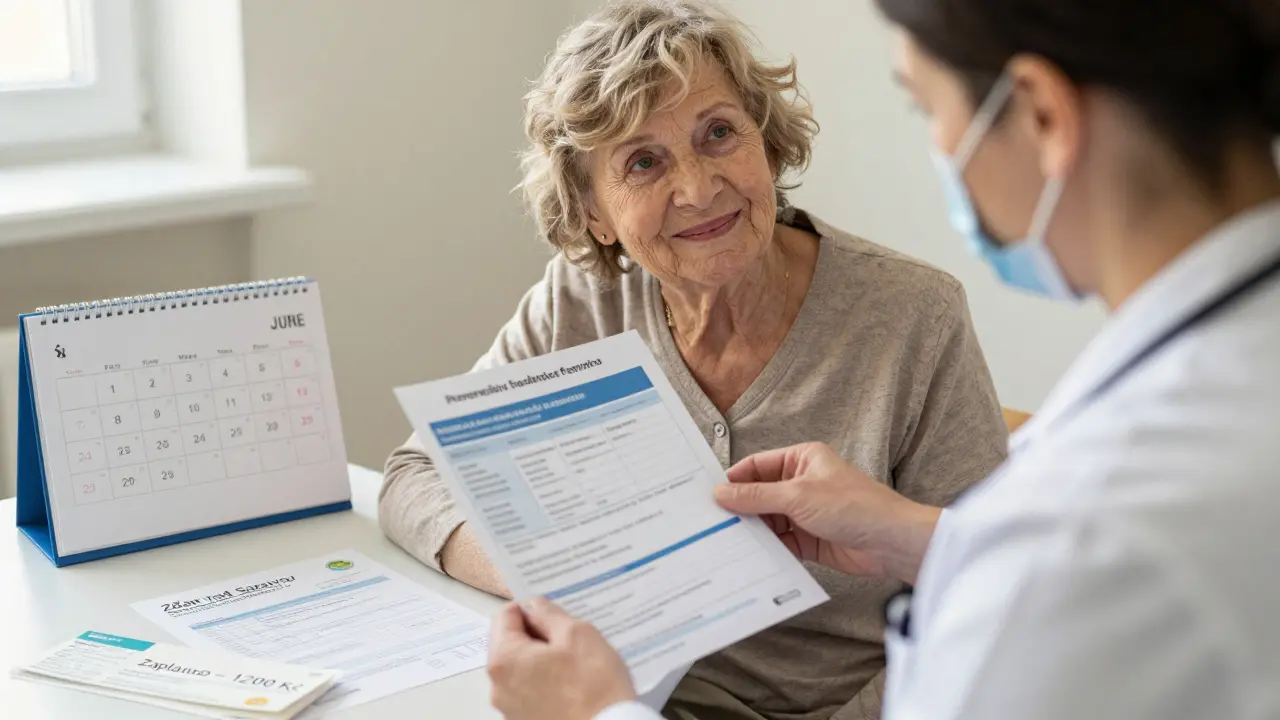 Starší žena si prohlíží přehled prevence s lékařem v zubní klinice.