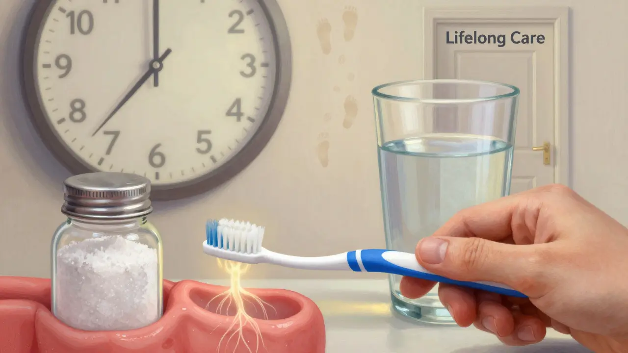 Symbolický obraz péče o ústní hygienu po kyretáži s důrazem na dlouhodobou prevenci.