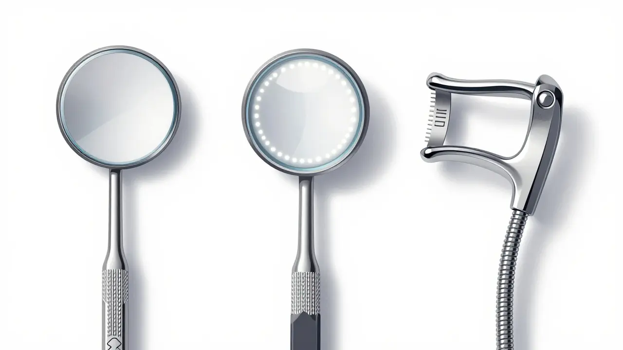 Tři typy dentálních zrcátek: klasické, s LED osvětlením a na těle.