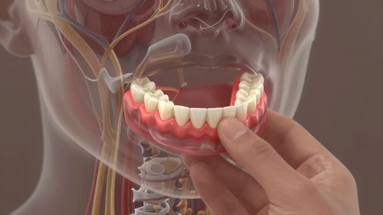 Umělá zubařská protéza s transparentními vrstvami dásní a kostí, zvýrazňující tlakové body.