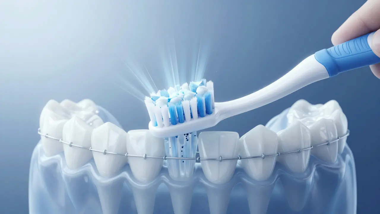 Umělecká reprezentace odstranění plaku z drátů a dásní pomocí specializovaného kartáčku.