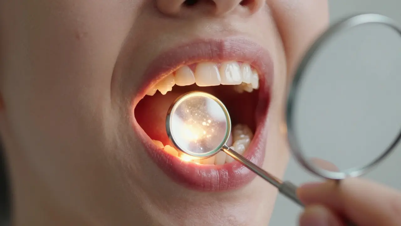 Vnitřek úst s viditelnými známkami plaku a kariés pod světlem zrcátka.