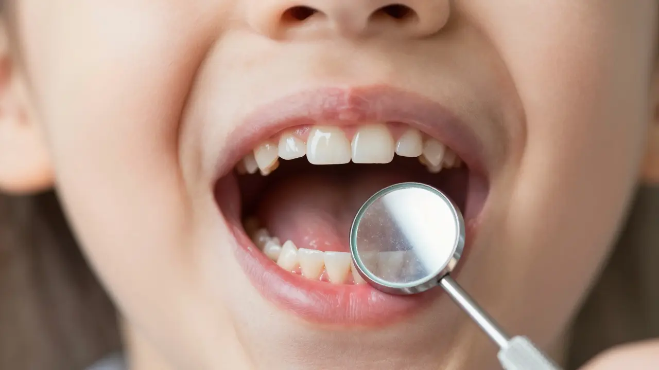 Vnitřní pohled na dětské zuby s viditelnou první známkou demineralizace na zubě.