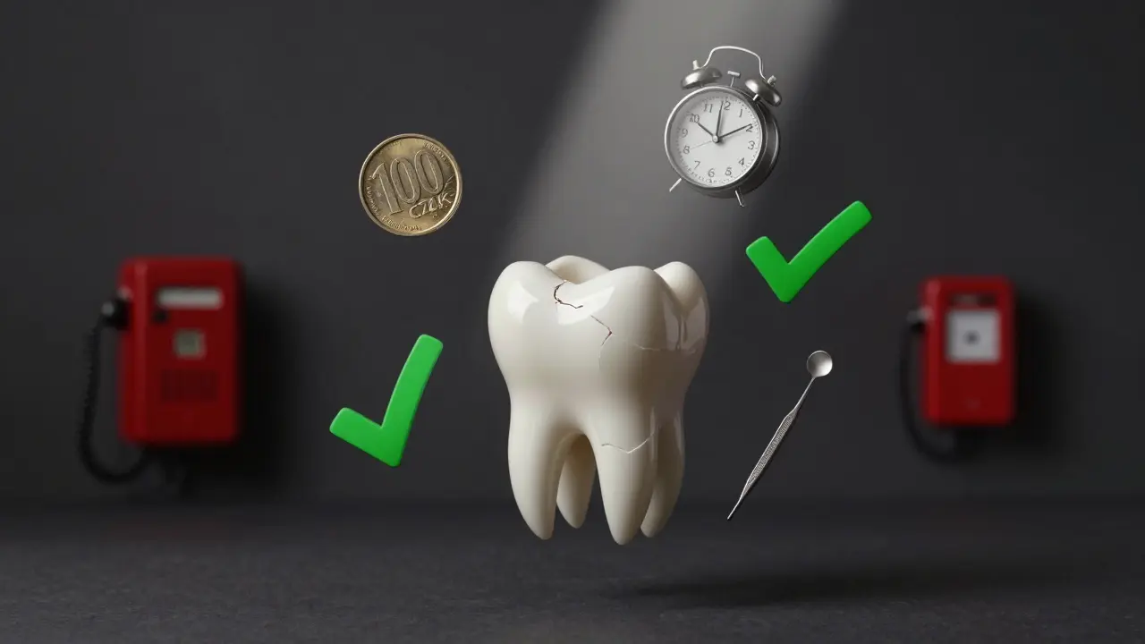 Zlomený zub s symboly nouzové péče: 100 Kč, hodiny 3:00, telefon a nástroj.