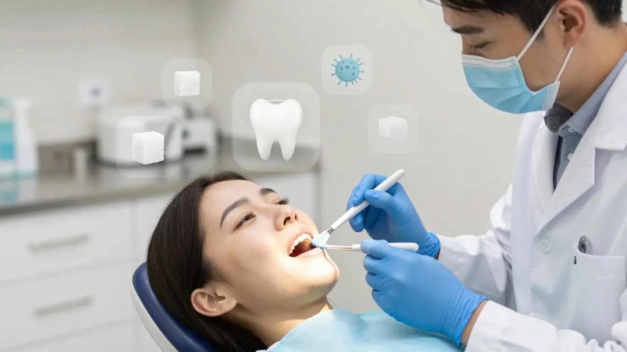 Zubní lékař aplikuje fluoridový nátěr, symboly cukru a bakterií jsou nad hlavou pacienta.