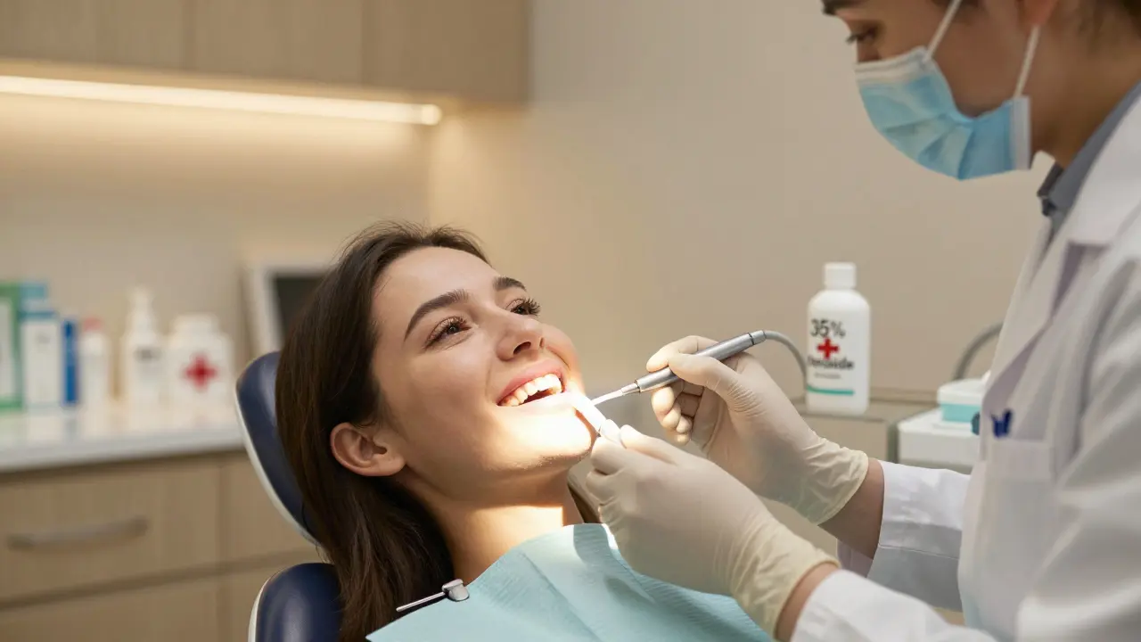 Zubní lékař aplikuje ochranný gel na zuby pacienta v klinice.