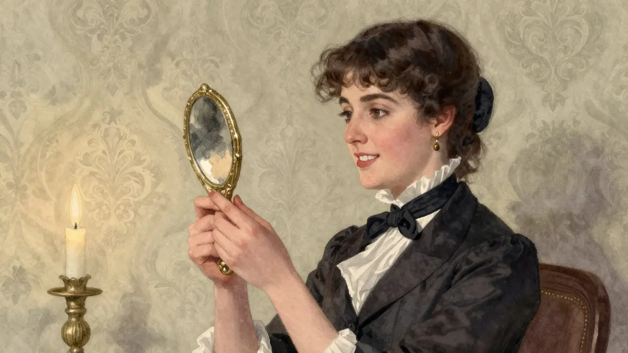 19. století: evropská žena s mezerou mezi zuby si hledí do zrcadla v viktoriánském prostředí.
