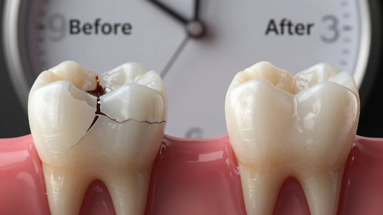 Before and after comparison of a decayed tooth restored with a composite onlay.