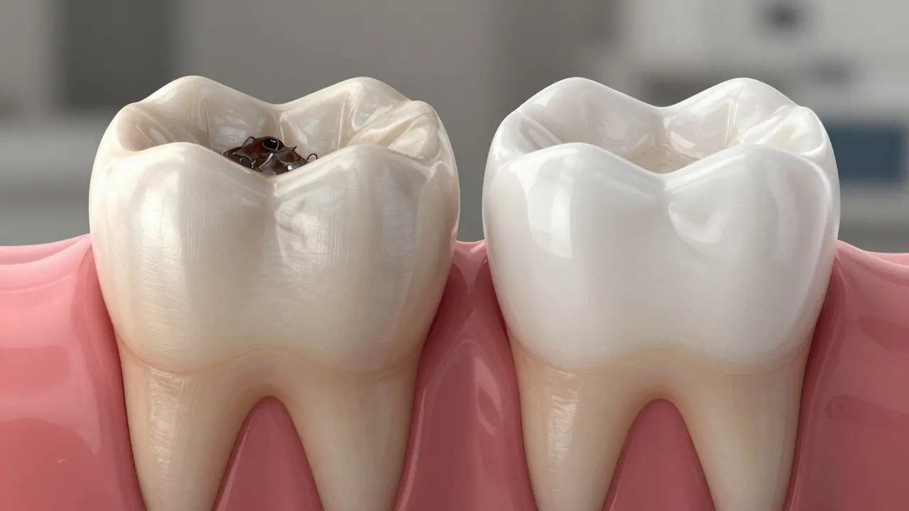 Close-up of two teeth: one dirty with tartar, one clean after polishing.