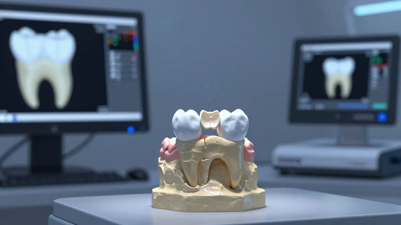 Composite onlay being fitted onto a 3D tooth model in a high-tech dental laboratory.