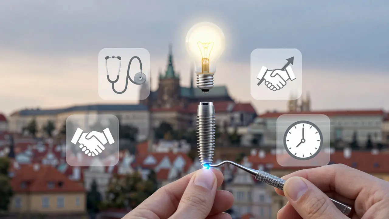 Dental implant with floating icons representing expertise, trust, education, and long-term income growth.