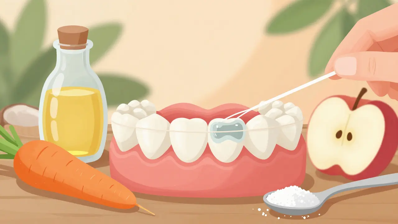 Detail zubů s odstraňováním plaku zubní nití, kolem přírodní prvky jako mrkev, jablko a kokosový olej.