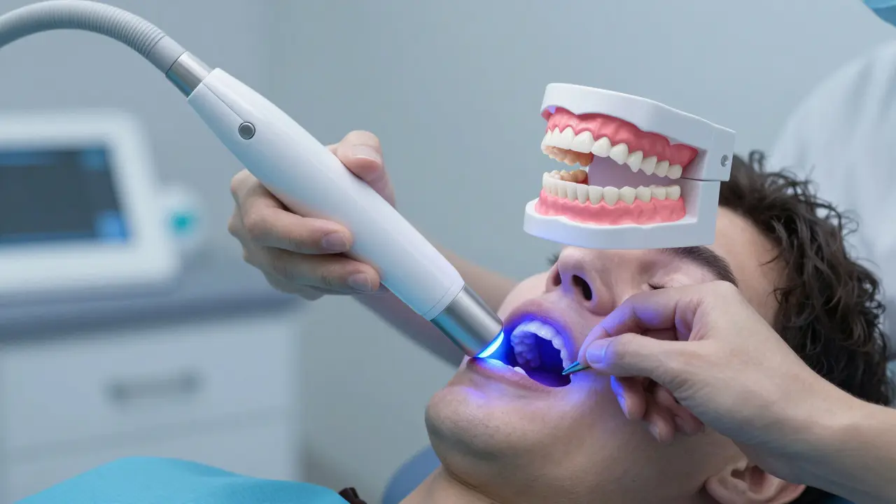 Digital 3D scanner creating holographic dental model above patient's mouth.