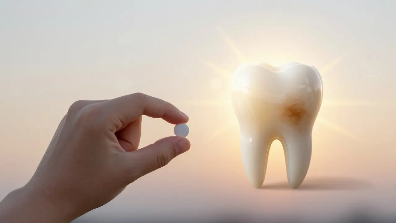 Dítě drží tabletu vedle jasného zubu, za ním stín tmavého zubu.