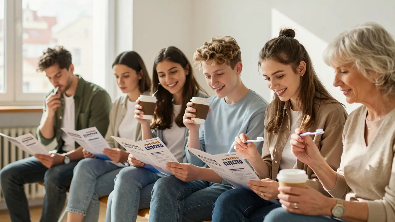 Diverse group of people in a dental waiting room learning about air polishing.