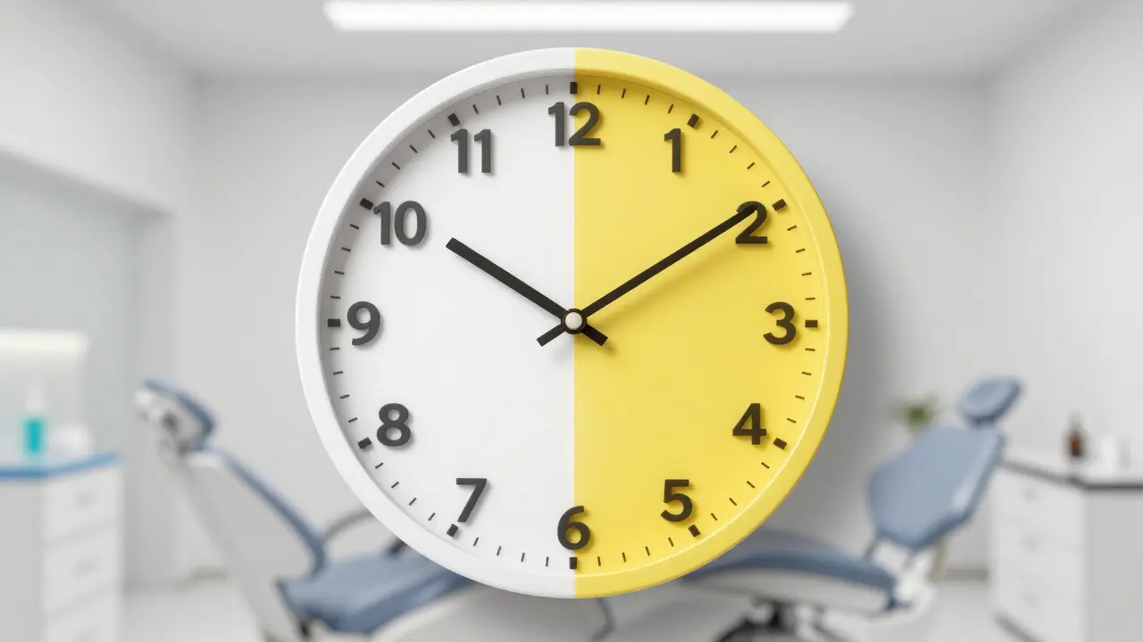 Hodiny s rukověty tvaru zubů, symbolizující čas a faktory ovlivňující trvanlivost bělení.