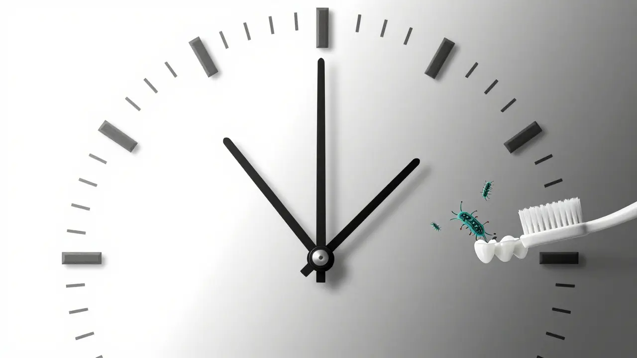 Hodiny s zuby jako ciferníkem, retentor a kartáček jako ručičky.