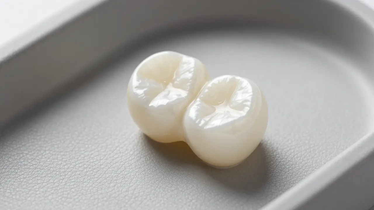 Keramická fazeta na podnose, lesklý povrch a materiál.