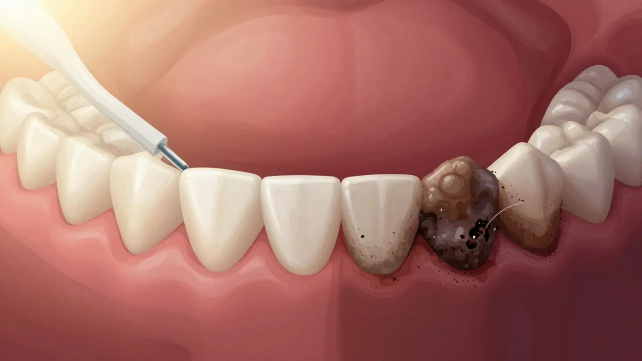 Kontrast mezi zdravou a zanedbanou mezizubní oblastí se zánětem a kamenem.