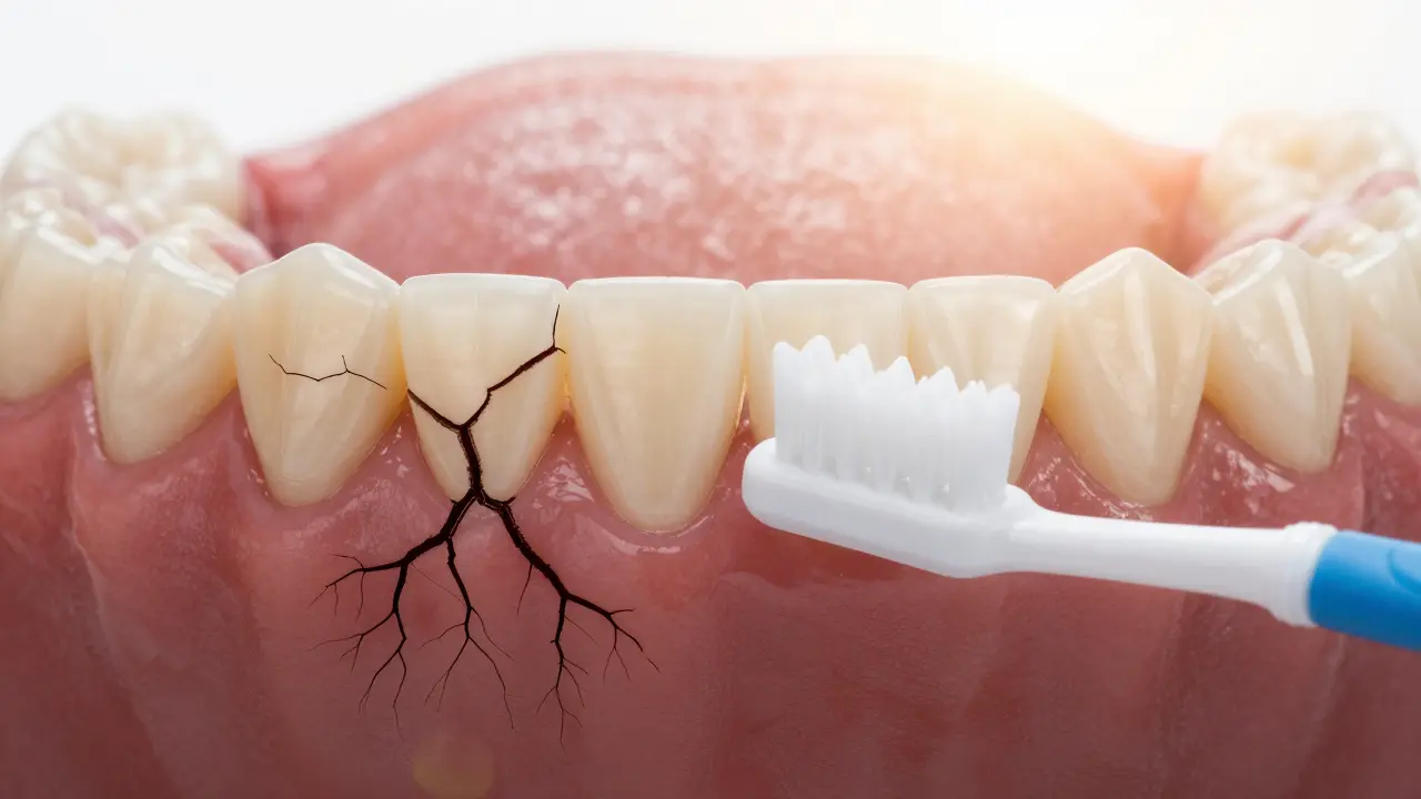Kontrast mezi zdravými a zánětlivými dásněmi s mezizubním kartáčkem jako symbolem prevence.