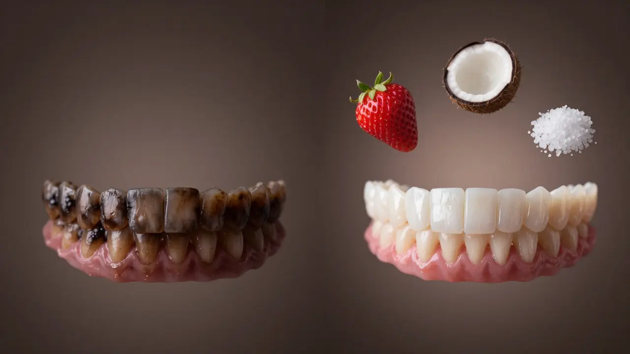 Kontrast tmavých a bílých zubů s přírodními prvky symbolizujícími přirozenou péči, bez chemického bělení.