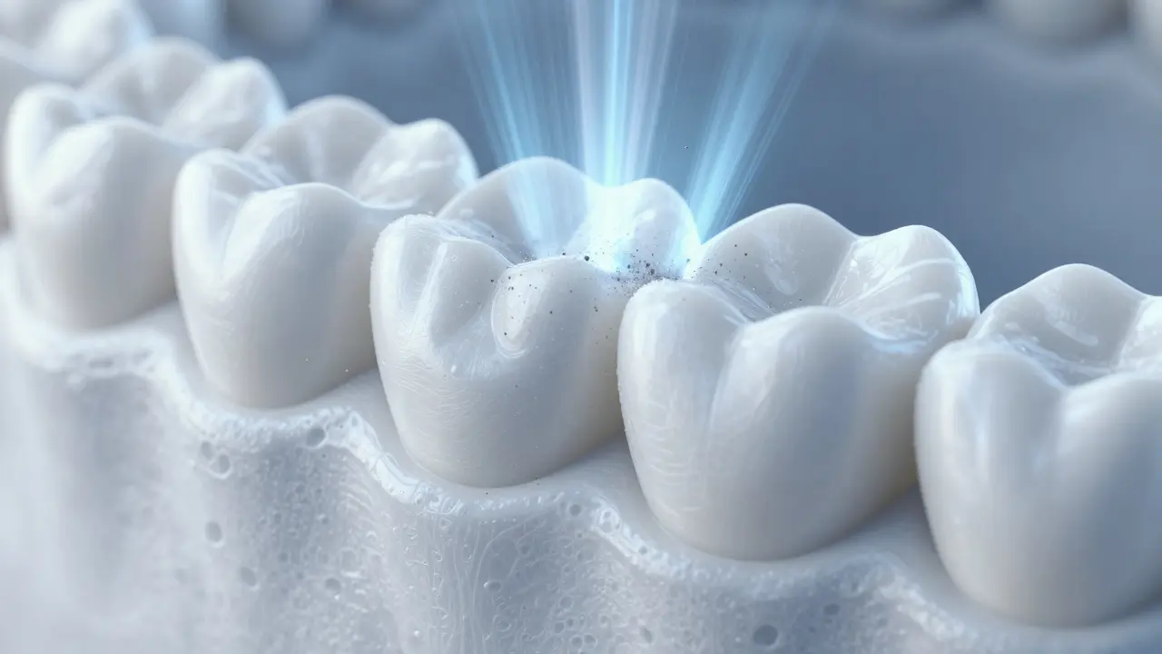 Makro záběr zubní skloviny, světelné paprsky rozkládají nečistoty.