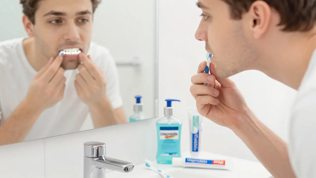 Osoba se dívá do zrcadla a sleduje zuby, vedle ní leží bezpečné nástroje pro péči o zuby