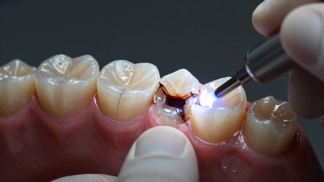 Poškozená fazeta s mezerou a zánětem pod ní, zatímco dentist aplikuje novou vrstvu kompozitu.