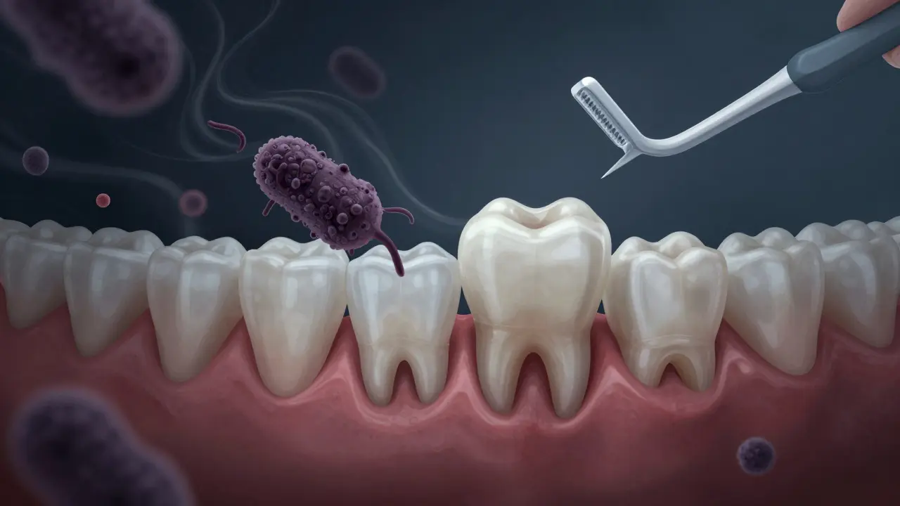 Přehled čelisti s ukrytým zubem pod dásní a zubním kamenem, s mezizubním kartáčkem jako řešením.