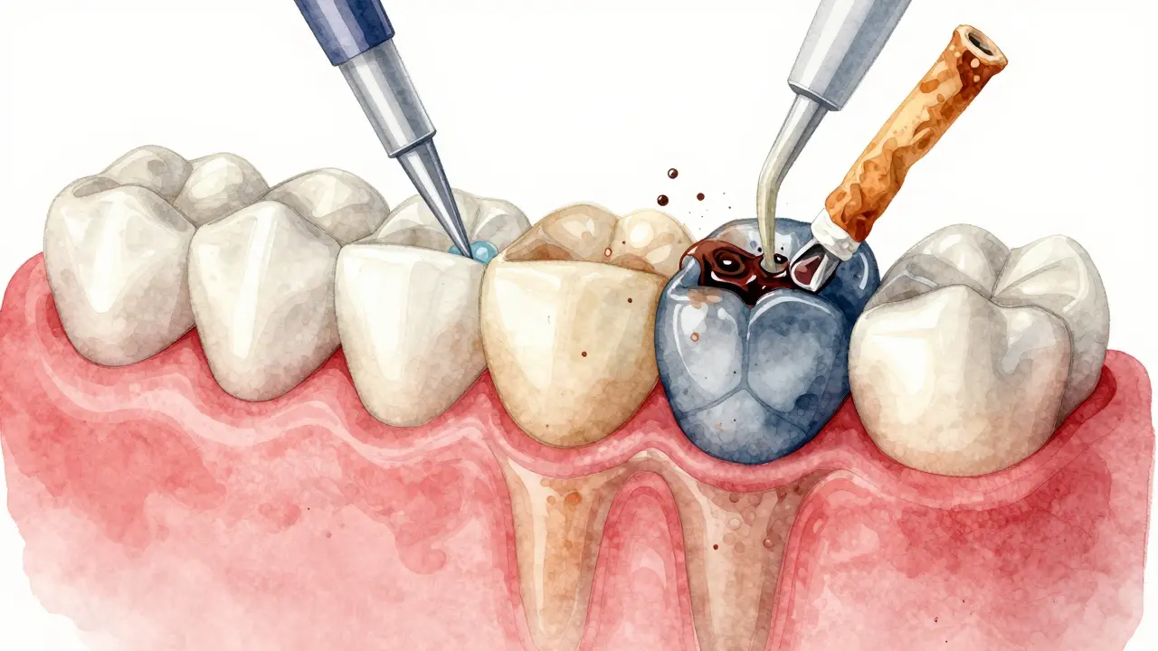 Příčný řez zubem ukazující vnikání bělících látek a opětovné zbarvování z povrchu.