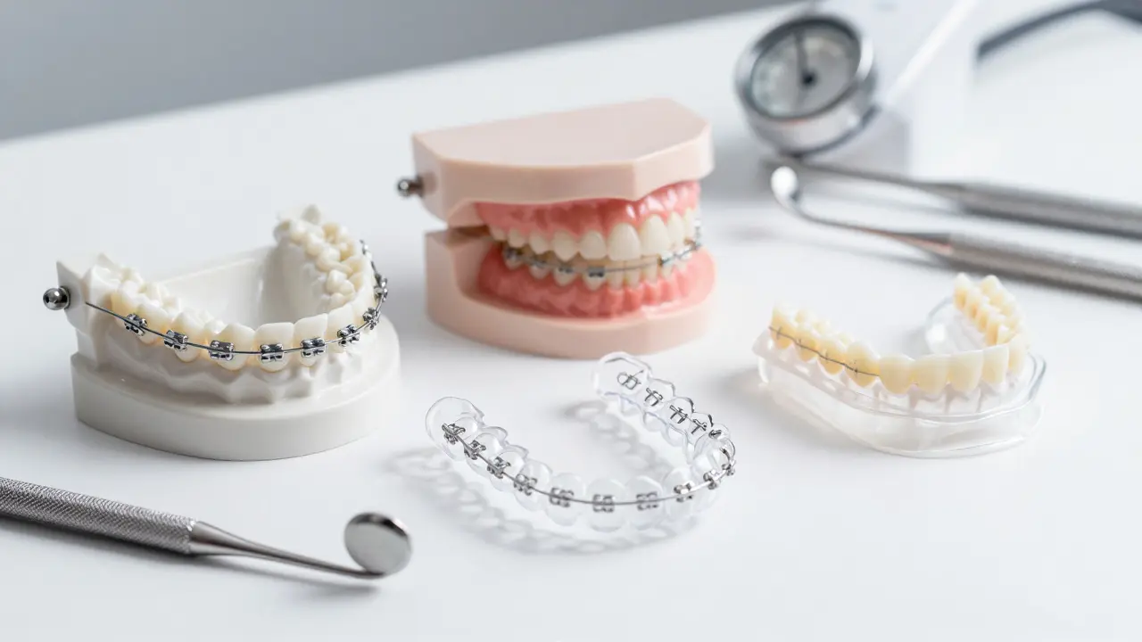 Různé typy rovnátek na bílém pozadí