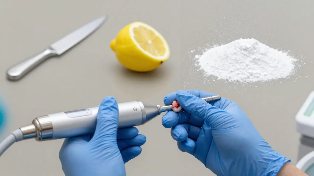 Stomatolog odstraňuje zubní kámen ultrazvukovým přístrojem, v pozadí zničené nebezpečné domácí metody