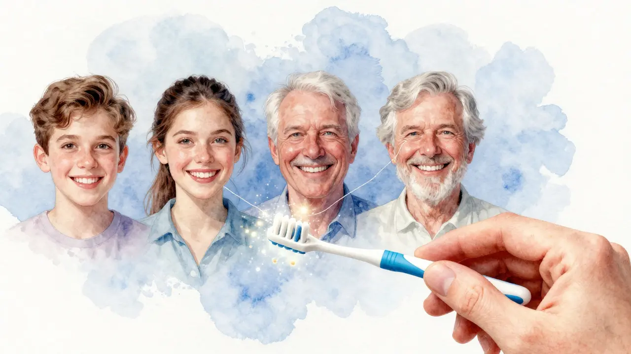 Symbolická scéna s mezizubním kartáčkem odstraňujícím bakterie a spojující zdravé a ztracené zuby.