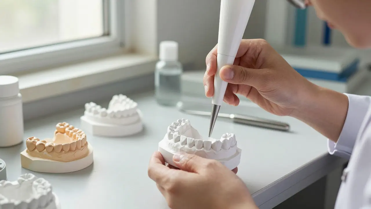 Technician pouring plaster into dental impression mold in laboratory.