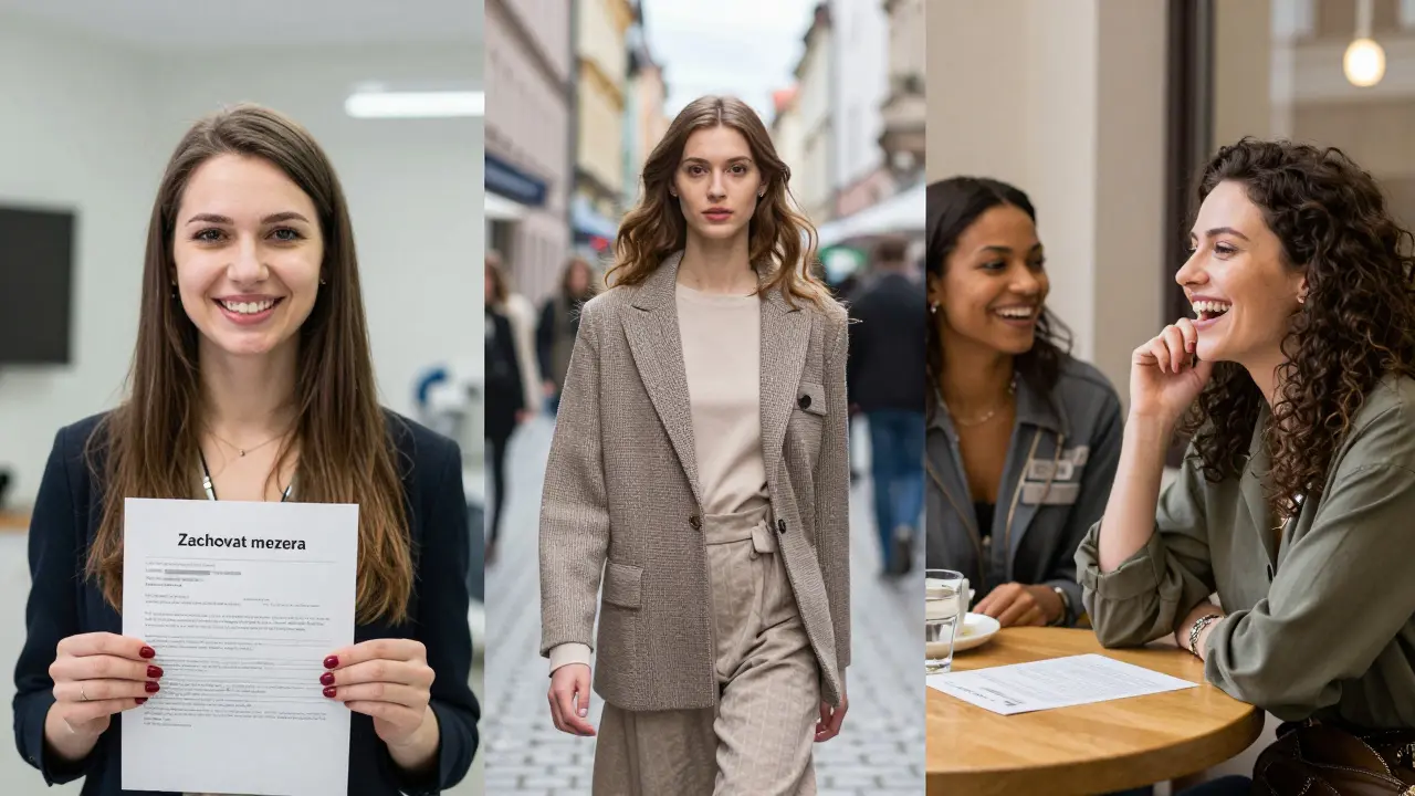 Tři ženy v českých městech s mezerou mezi zuby – v klinice, na běžišti a v kavárně.